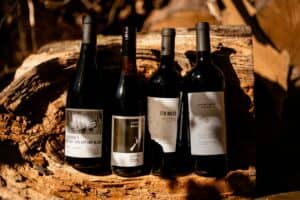 Four bottles of wine perched against a wood log