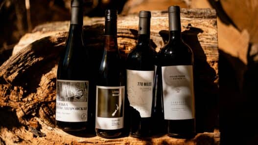 Four bottles of wine perched against a wood log